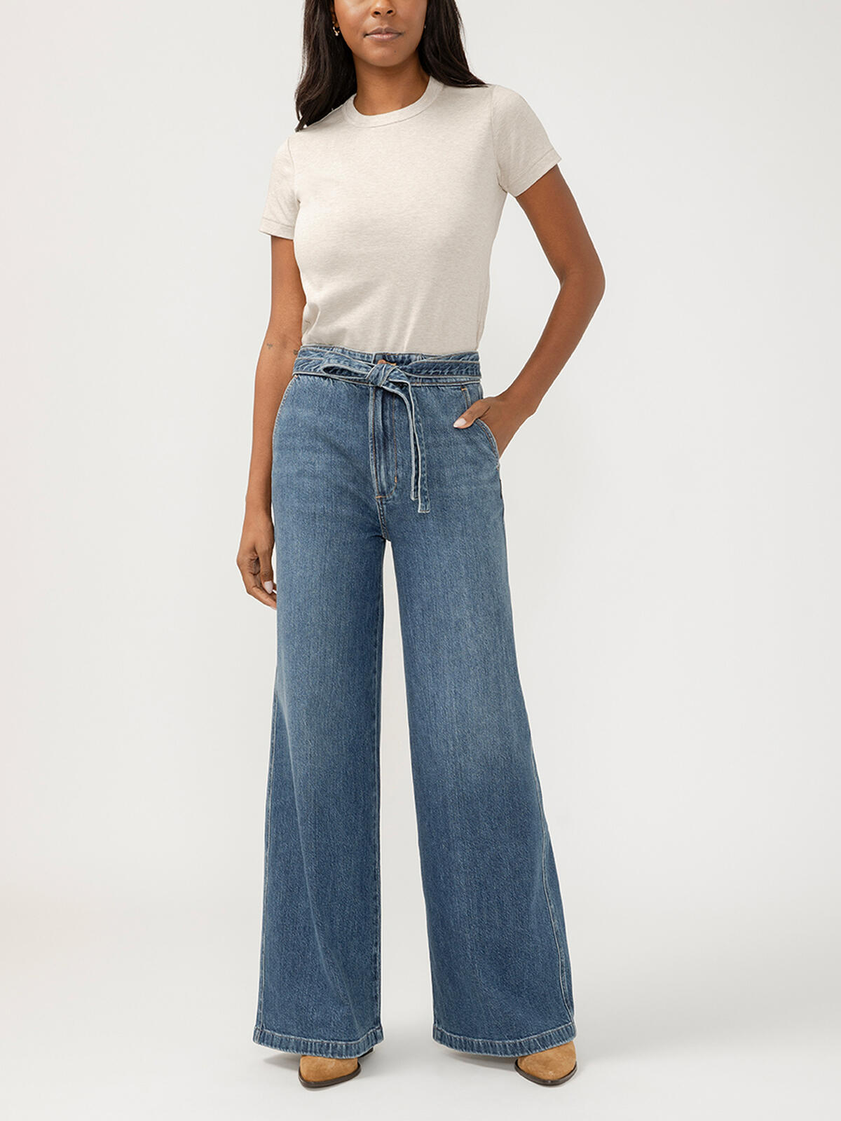 Highly Desirable High Rise Belted Ultra Wide Leg Jeans image number 0