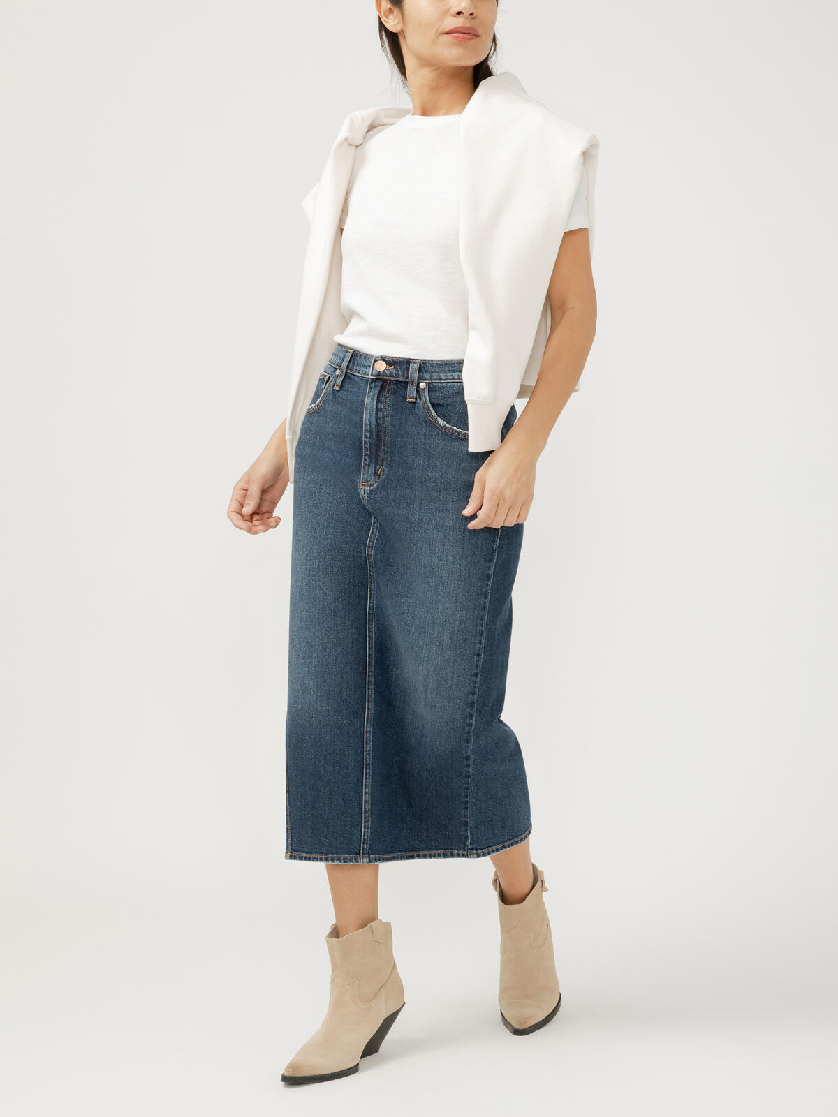 Side Slit Denim Midi Skirt image number 0